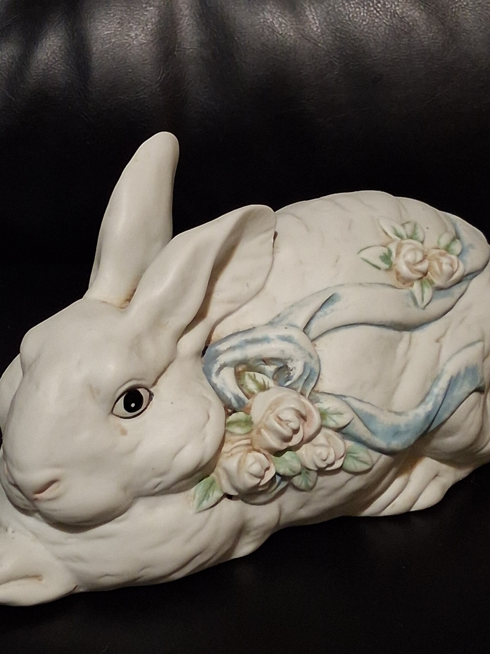 Ceramic Rabbit Figurine with Pastel Blue Ribbon and Cream Roses